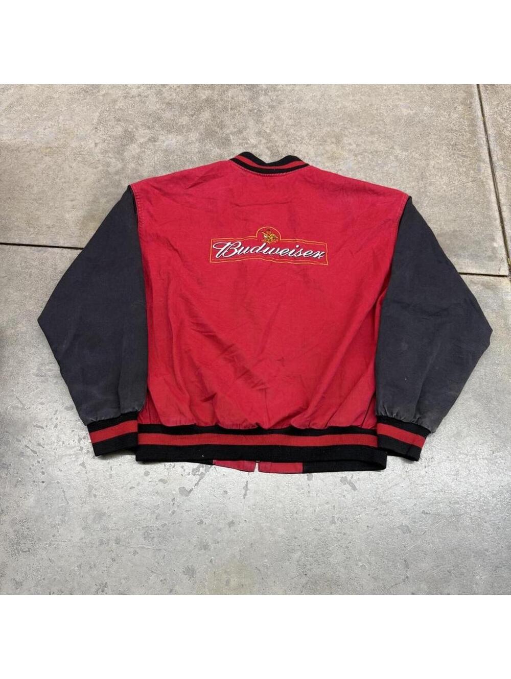 vintage budweiser alcohol red and black zip up bomber jacket size medium